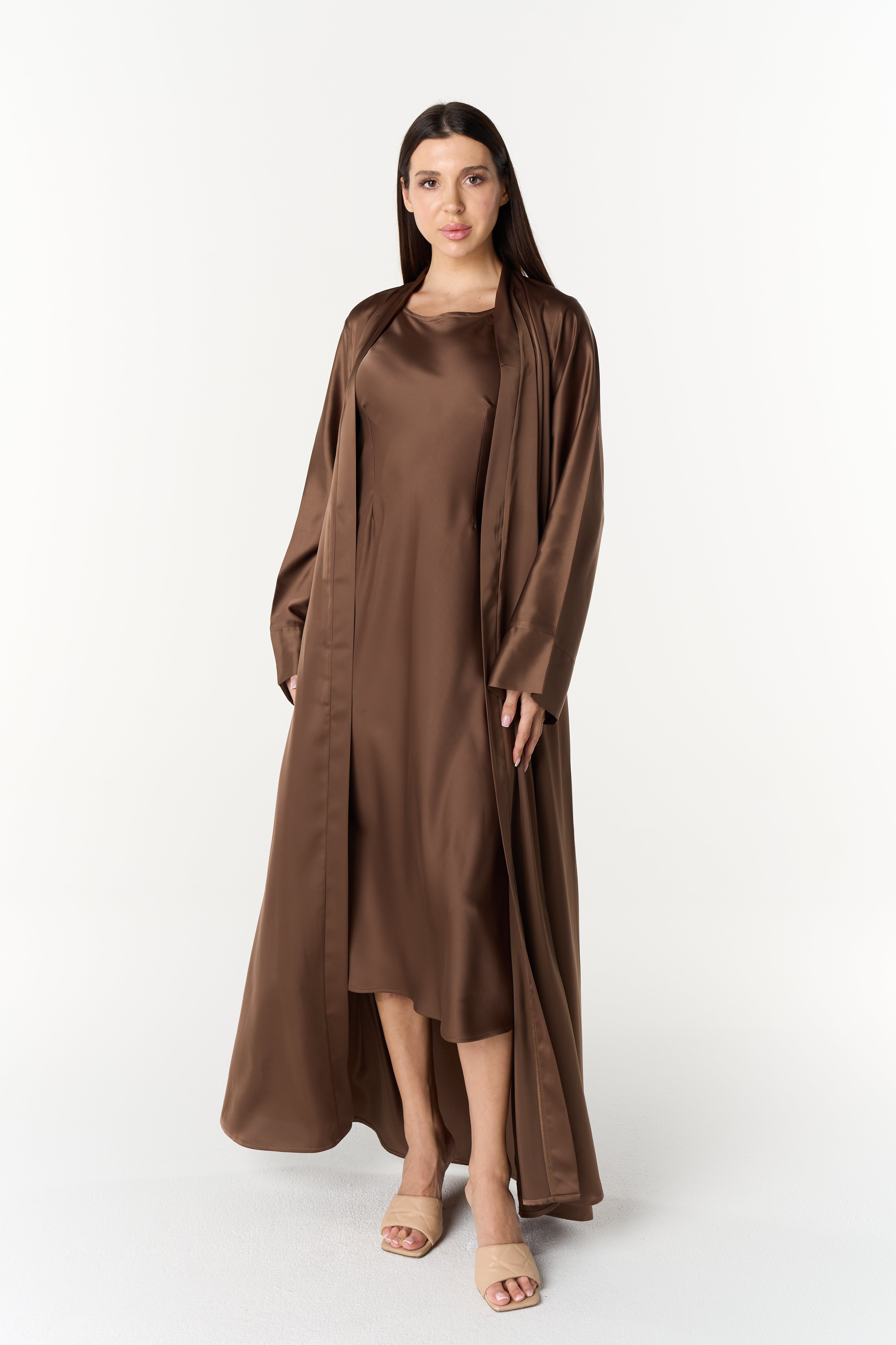 Elegant Satin Abaya Brown